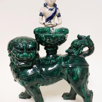 1036	LARGE ASIAN POTTERY FIGURE OF FOO DOG	LARGE ASIAN POTTERY FIGURE OF FOO DOG W/PRIEST SITTING AT TOP, APPROXIMATELY 15 1/4 IN HIGH
