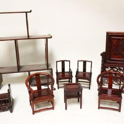 1273	ASSORTED MINIATURE ASIAN WOOD ITEMS, SCREEN, SHELF, & FURNITURE, SCREEN HAS SOME CARVING LOSS, LARGEST PIECE APPROXIMATELY 15 IN HIGH

