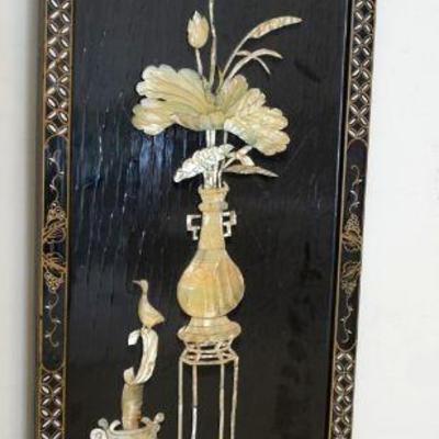 1197	ASIAN BLACK LACQUERED PANEL	ASIAN BLACK LACQUERED PANEL IN FRAME W/CARVED MOTHER OF PEARL APPLIED, APPROXIMATELY 13 IN X 36 IN HIGH
