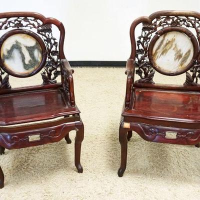 1077	2 CARVED ASIAN CHAIRS	2 CARVED ASIAN CHAIRS W/INSET MARBLE BACKS, NEEDS RESTORATION, AS FOUND
