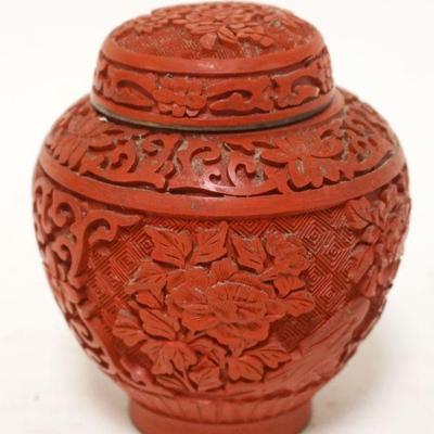 1298	CARVED CINNABAR COVERED URN, APPROXIMATELY 4 1/2 IN HIGH
