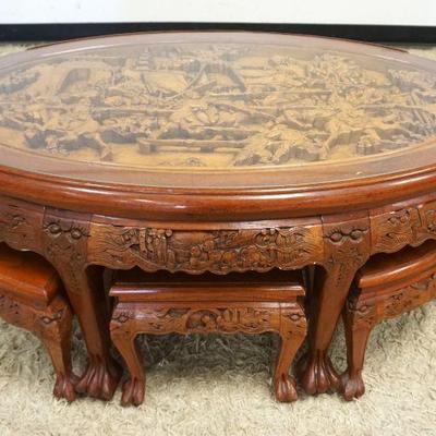 1075	OUTSTANDING DEEP CARVED OVAL ASIAN TABLE	OUTSTANDING DEEP CARVED OVAL ASIAN GLASS TOP TABLE W/6 BENCHES, ALL HAVING CARVED PAW FEET,...