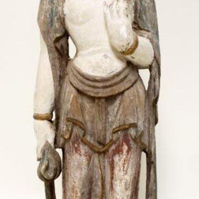 1150	ANTIQUE CARVED WOOD POLYCHROME ASIAN FIGURE	ANTIQUE CARVED WOOD POLYCHROME ASIAN FIGURE, APPROXIMATELY 25 IN
