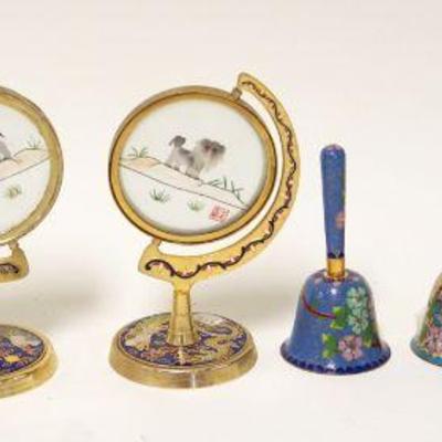 1257	LOT OF ASSORTED CLOISONNE ITEMS INCLUDING BELLS & ROUND PAINTED GLASS IN CLOISONNE HOLDERS, APPROXIMATELY 5 IN HIGH
