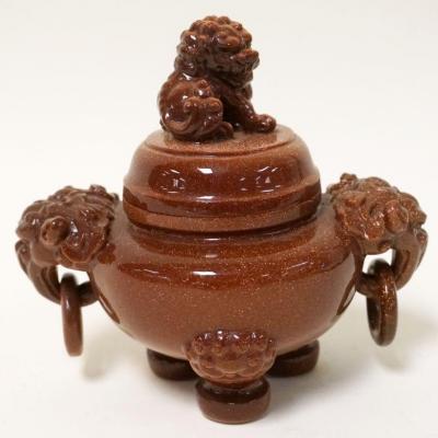 1252	BROWN STONE W/GOLD FLECK COVERED URN W/FOO DOG & ELEPHANT TRUNK HANDLES, APPROXIMATELY 5 1/2 IN HIGH
