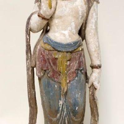 1149	ANTIQUE CARVED WOOD POLYCHROME ASIAN FIGURE	ANTIQUE CARVED WOOD POLYCHROME ASIAN FIGURE, APPROXIMATELY 24 IN
