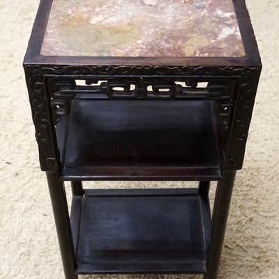 1056	BROWN MARBLE INSET ASIAN PIERCED CARVED STAND	BROWN MARBLE INSET ASIAN PIERCED CARVED STAND W/2 LOWER SHELES, APPROXIMATELY 17 IN X...