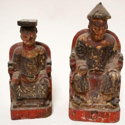 1126	2 WOOD CARVED POLYCHROME ASIAN FIGURES	2 WOOD CARVED POLYCHROME ASIAN FIGURES, LARGEST APPROXIMATELY 8 IN HIGH
