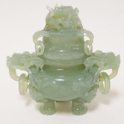 1173	CARVED ASIAN JADE COVERED POT	CARVED ASIAN JADE COVERED POT, APPROXIMATELY 4 3/4 IN HIGH
