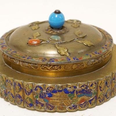 1119	CHINESE BRASS & ENAMELED COVERED DISH	CHINESE BRASS & ENAMELED COVERED DISH W/STONES, APPROXIMATELY 7 IN X 4 IN
