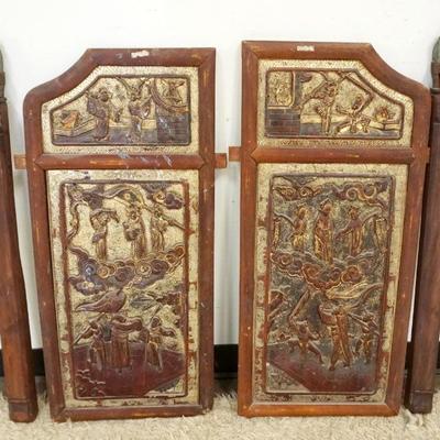 1058	2 CARVED WOOD ASIAN PANELS	2 CARVED WOOD ASIAN PANELS W/GILT ACCENTS, EACH APPROXIMATELY 18 IN X 37 IN HIGH
