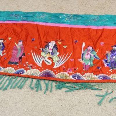 1288	LARGE ASIAN SILK EMBROIDERED TAPESTRY, APPROXIMATELY 37 1/2 IN X 109 1/2 IN NOT INCLUDING FRINGE
