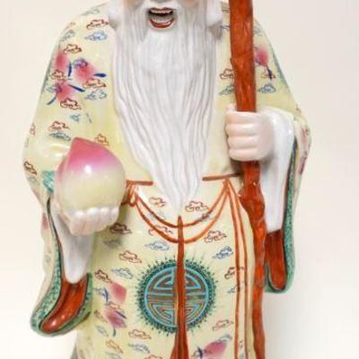 1200	LARGE ASIAN POTTERY STATUE OF MAN	LARGE ASIAN POTTERY STATUE OF MAN HOLDING A CANE, TOP OF CANE REMOVABLE, APPROXIMATELY 24 IN HIGH
