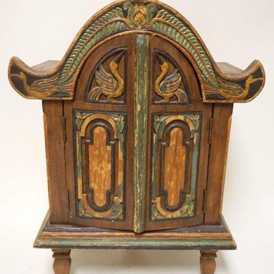 1105	ASIAN WOOD CARVED 2 DOOR MINIATURE CABINET	ASIAN WOOD CARVED 2 DOOR MINIATURE CABINET, APPROXIMATELY 11 IN X 20 IN X 26 IN HIGH
