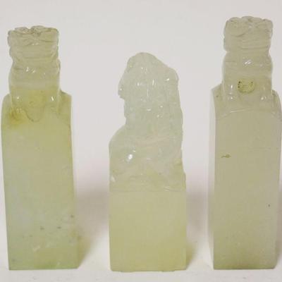 1239	3 CARVED JADE STAMPS, 2 BLANKS & ONE W/STAMP ON BASE, TALLEST APPROXIMATELY 3 1/4 IN HIGH

