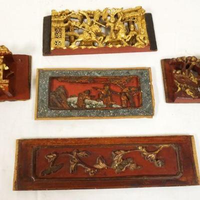 1213	5 ASSORTED CARVED WOOD ASIAN PANELS	5 ASSORTED CARVED WOOD ASIAN PANELS, LARGEST APPROXIMATELY 13 1/4 IN X 3 3/4 IN
