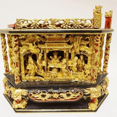 1214	ASIAN POLYCHROME & GILT WOOD CARVED DIORAMA	ASIAN POLYCHROME & GILT WOOD CARVED DIORAMA W/3 DIMENTIONAL CARVINGS ALL AROUND, SOME...