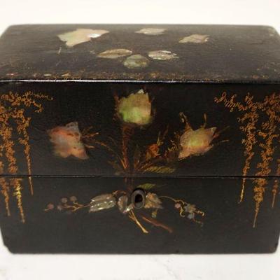 1131	BLACK LACQUERED BOX CONTAIING BOTTLES	BLACK LACQUERED BOX W/MOTHER OF PEARL CONTAIING 3 CUT BOTTLES, ONE BOTTLE LIP DAMAGED,...