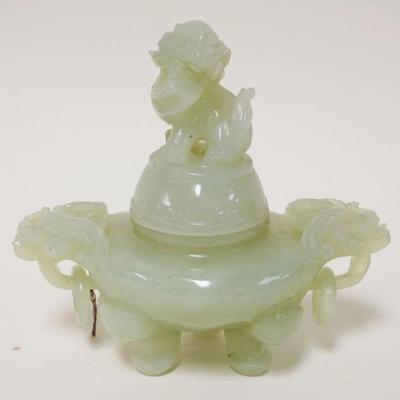 1171	CARVED ASIAN JADE COVERED POT	CARVED ASIAN JADE COVERED POT, APPROXIMATELY 5 IN HIGH
