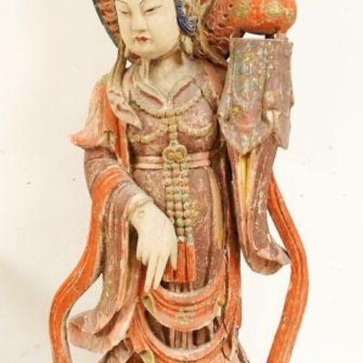 1107	LARGE WOOD PAINT DECORATED CARVING	LARGE WOOD PAINT DECORATED CARVING OF ASIAN WOMAN, APPROXIMATELY 46 IN HIGH
