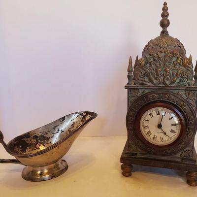 Pewter Gravy Boat and Small Bronze (?) Clock - untested, needs battery