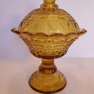 Vintage Amber Glass Pedestal Covered Candy Dish