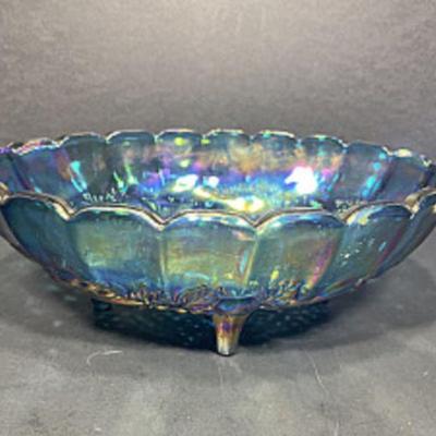 Indiana Carnival Glass Harvest Grape Iridescent Blue 4-Footed Fruit Bowl 12x4â€