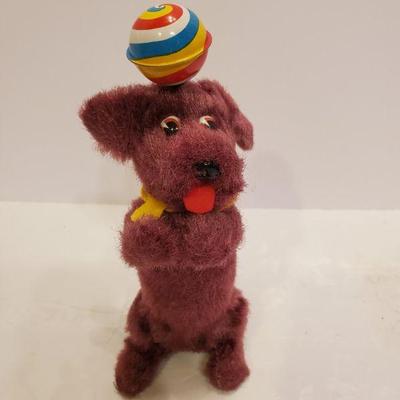 Windup Cloth Covered Tin Dog With Spinning Ball - works 