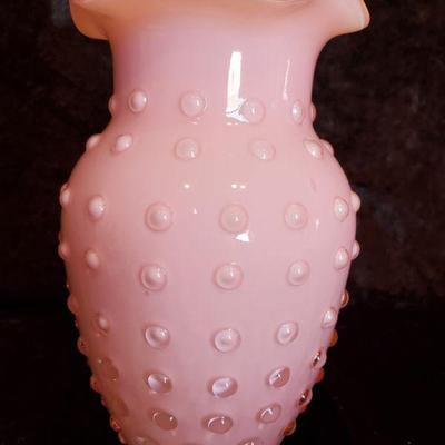 Vintage Pink Blown Glass Hobnail Vase Ruffled (7