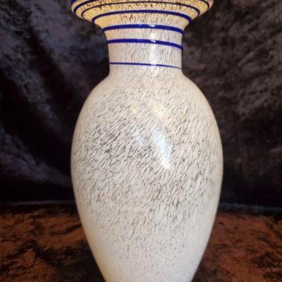 Vintage White/Cobalt Blue Art Glass Vase (8.5