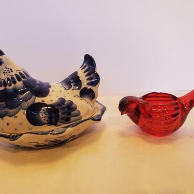 Vintage Russian Porcelain Been and Deep Red Glass Bird Votive