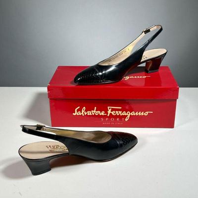 LADYâ€™S FERRAGAMO SHOES | Salvatore Ferragamo black leather sling back heels, possibly size 10, in a red Ferragamo box 