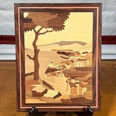 PARQUETRY WOOD ART | Showing a bayside scene with a tree, composed of inset contrasting woods
Dimensions: w. 9 x h. 11.5 in 