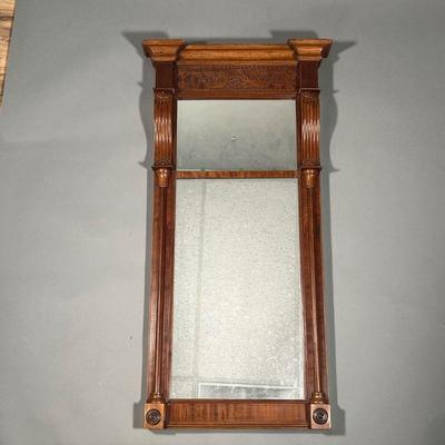 ANTIQUE AMERICAN WALL MIRROR | Carved wreath top with half spindle on the sides.
Dimensions: w. 18 x h. 42 in 