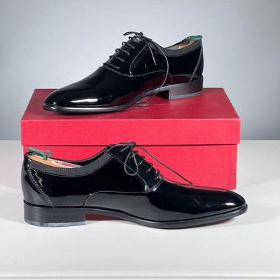 MENâ€™S FERRAGAMO DRESS SHOES | Salvatore Ferragamo, size 9-1/2 black patent leather dress shoes, accompanied by a non-matching Ferragamo...