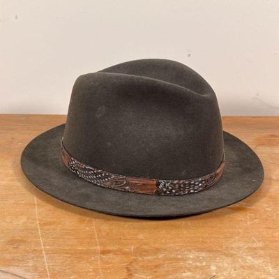 LOCK & CO. HATTERS HAT | Olive green hat with feathers on leather band, size 7-1/8 / 58 