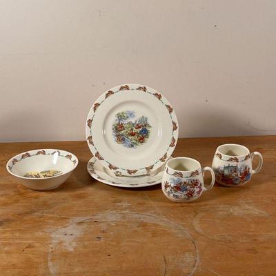 (5PC) BUNNYKINS CHINA | English fine bone china, including 2 mugs, a bowl, and 2 plates (dia. 8 in.) 