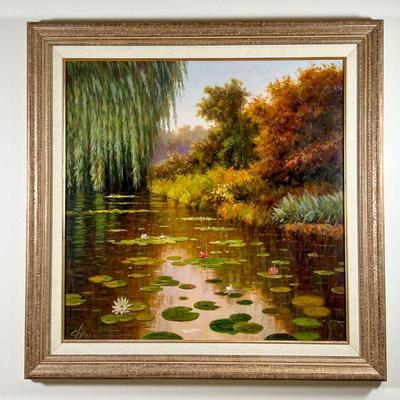 CHAMI OIL PAINTING | Original painting, oil on canvas, landscape showing water lilies in an autumn scene, signed lower left 