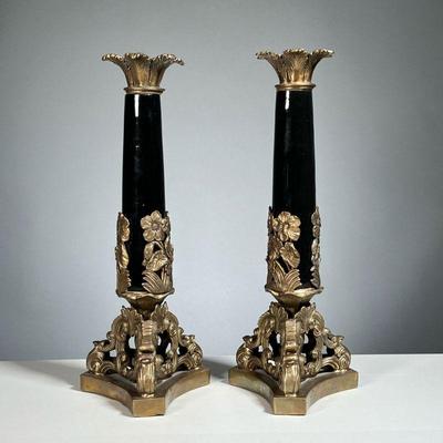 (2PC) PAIR ANTIQUE BRASS & ENAMEL CANDLESTICKS | Black enameled columns with brass base and hardware 