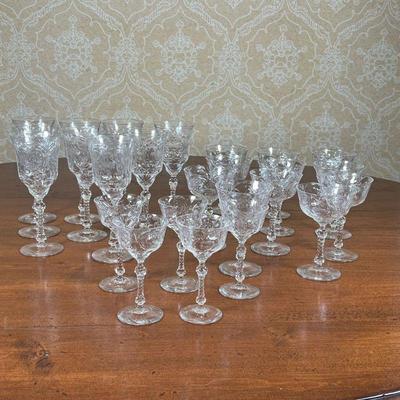 SET ANTIQUE BLOWN & CUT GLASS STEMWARE | Blown and cut/etched glass with intricate decorations including wine, sherry, and other glasses 