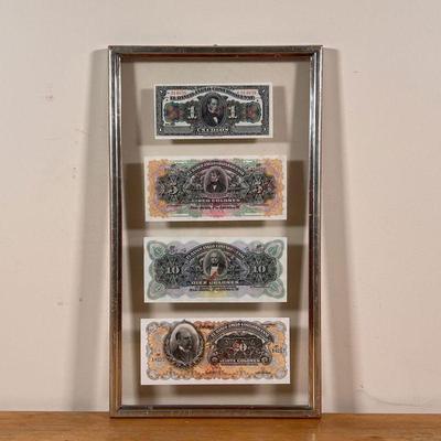 COSTA RICAN CURRENCY | Four Costa Rican bills float-mounted in a frame, including 1, 5, 10, and 10 Colones. Dimensions: 18-1/2 x 11 in....