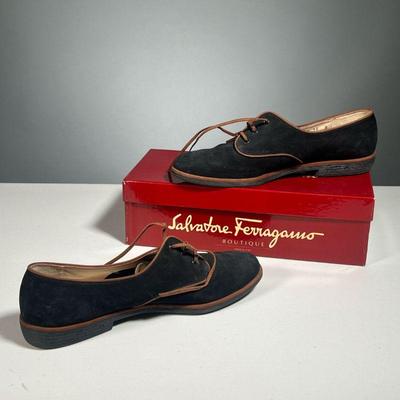 MENâ€™S FERRAGAMO SHOES | Pair of Salvatore Ferragamo boutique Baltimore Black and Tan nabuck shoes, size 10, in original box 