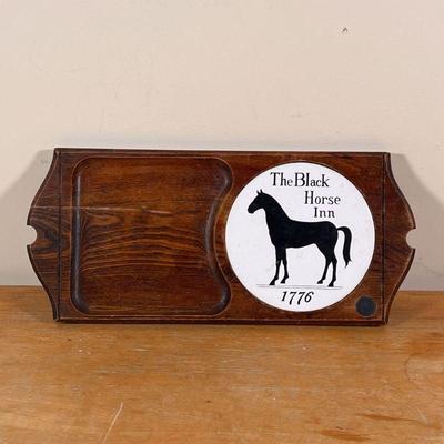 BLACK HORSE INN CUTTING BOARD | Wood cutting board or serving platter with a white inset plaque, 