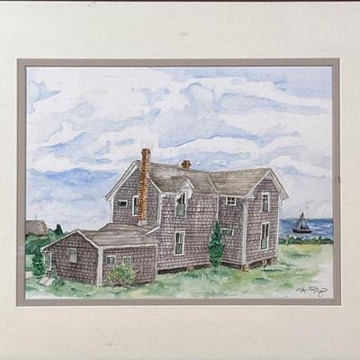 BEACH HOUSE WATERCOLOR | Framed under glass, a watercolor painting depicting a house by the sea, signed 