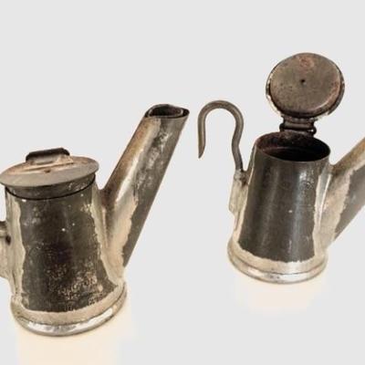 Pr. antique tin miners teapot style lamps impressed â€œ Geo.Anton Star Monongahela City Washington Co. Pa. 1902