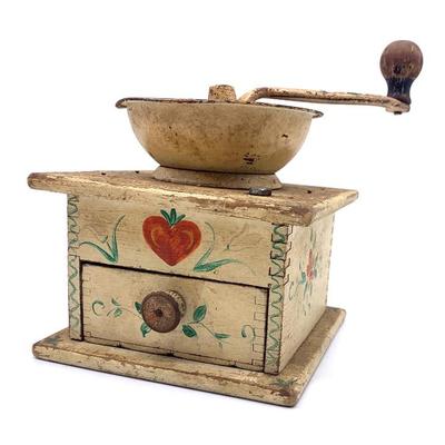 Antique coffee grinder w/ early floral folk paint decoration. 