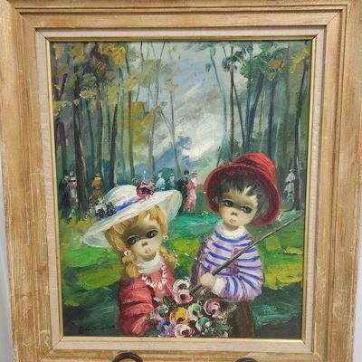 Signed Poncinini oil on canvas (some damage) boy and girl, 12.5x18