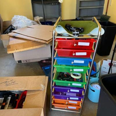 Colorful Stack of Drawers w/ Assorted Supplies (some model train related) $20
