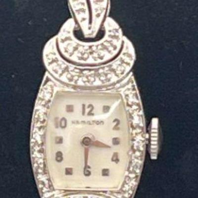 SJP930-Ladyâ€™s 14k White Gold Vintage Diamond Hamilton Watch