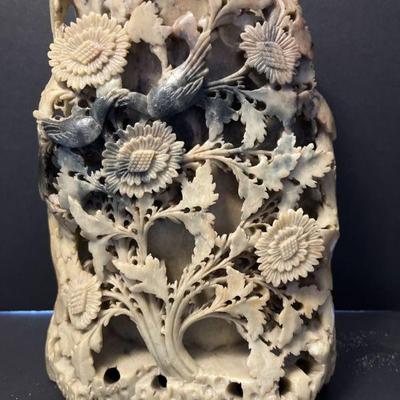 Floral Soapstone carved vase 11â€ 